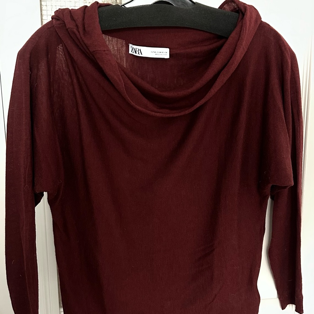 Zara Women's Deep Wine Cowl Neck Light-weight Sweater